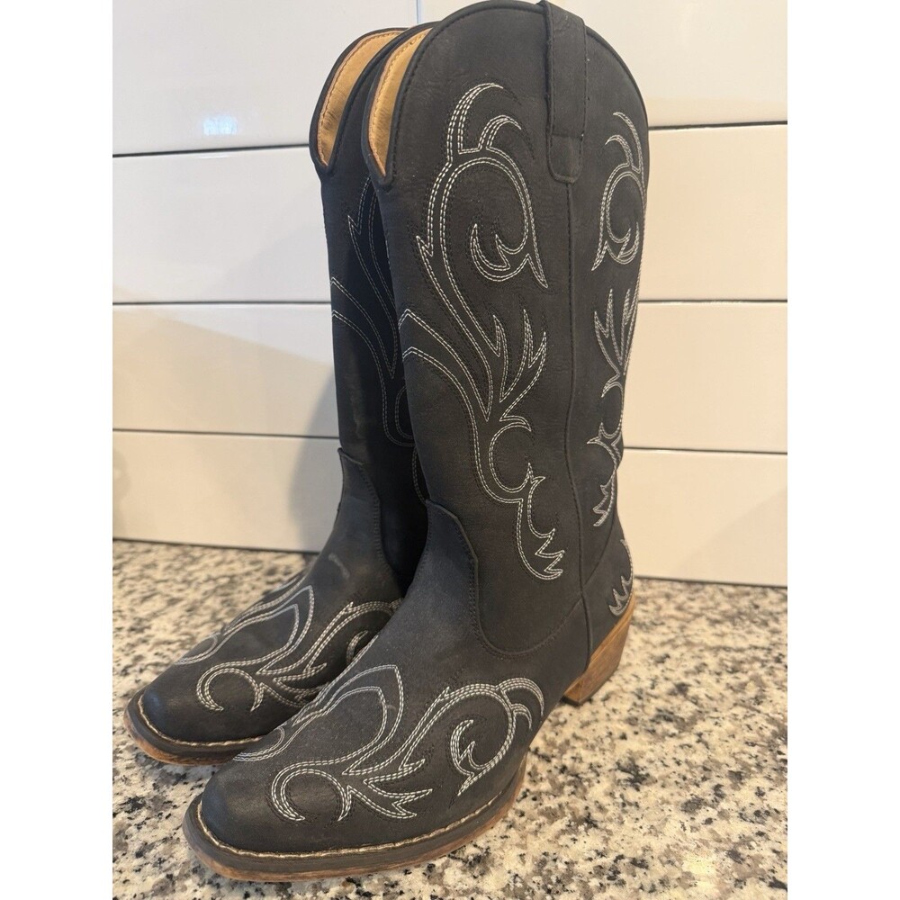 Cowboy Boots Women’s Half Calf, Black White Embroidery Roper Riley Sz 7.5
